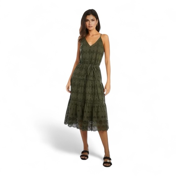 Karen Kane Cotton Tiered Midi Dress in Olive NWOT - Picture 1 of 9